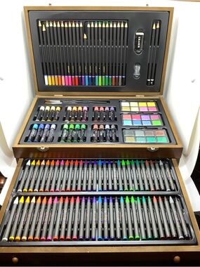 Deluxe Art Set Wooden Box Colour Pencils Pastels Crayons Paints Brushes 138 pces